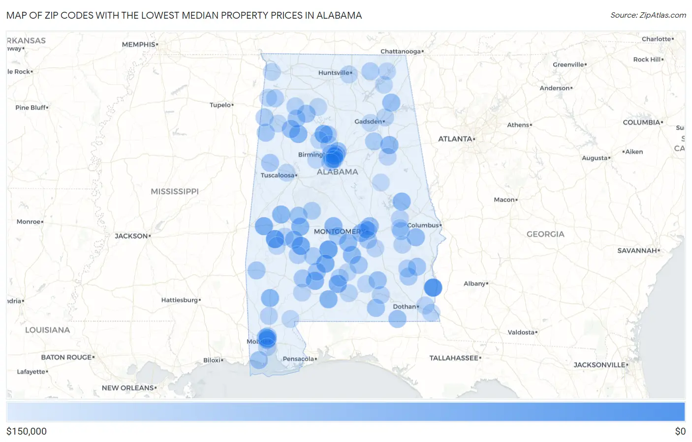Zip Codes with the Lowest Median Property Prices in Alabama Map