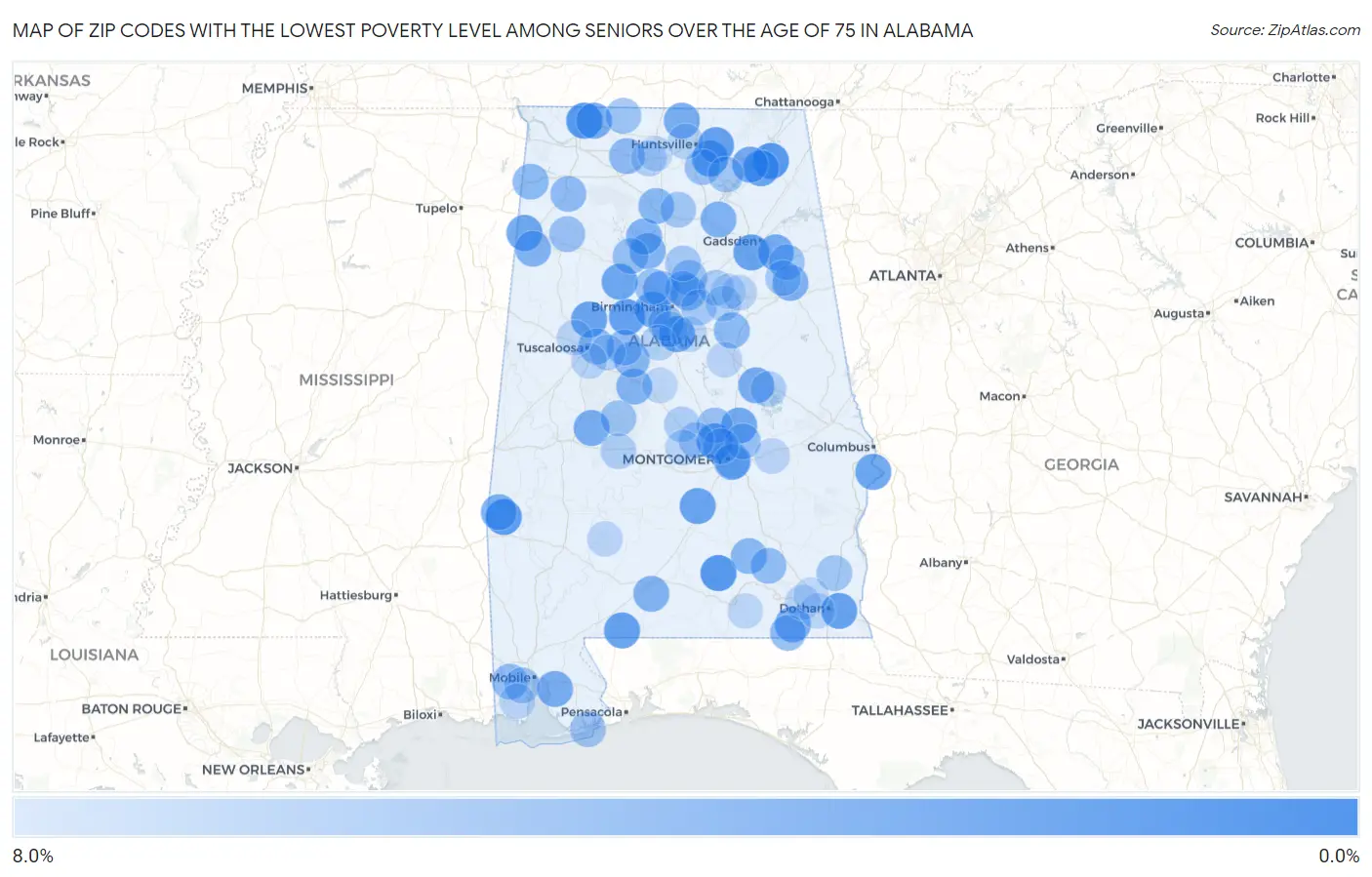 Zip Codes with the Lowest Poverty Level Among Seniors Over the Age of 75 in Alabama Map