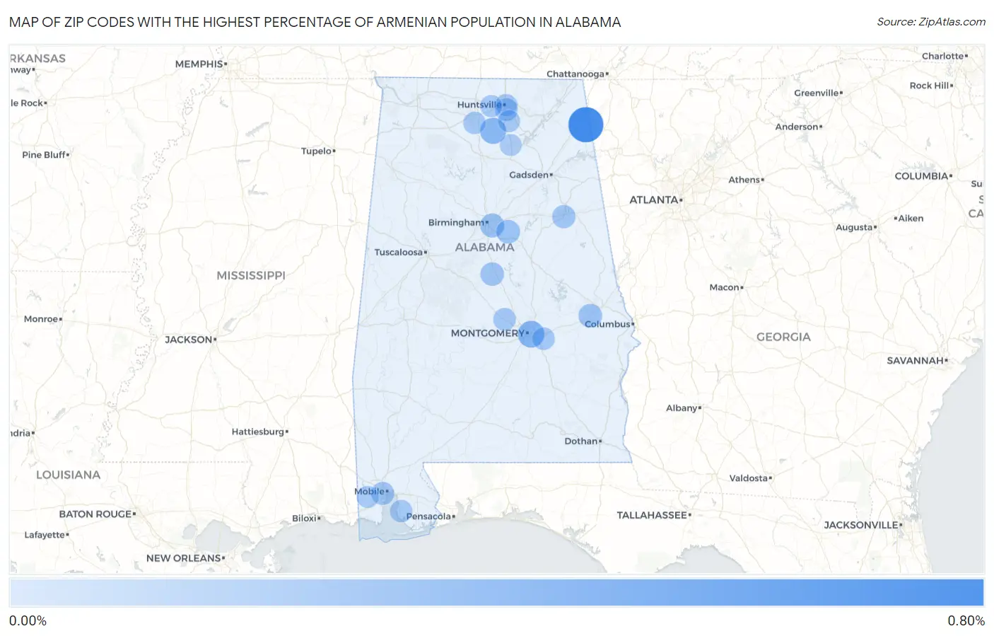 Zip Codes with the Highest Percentage of Armenian Population in Alabama Map