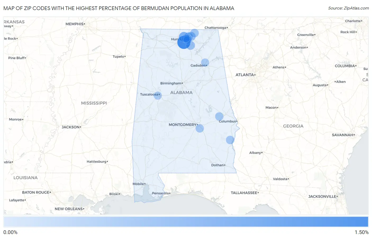 Zip Codes with the Highest Percentage of Bermudan Population in Alabama Map