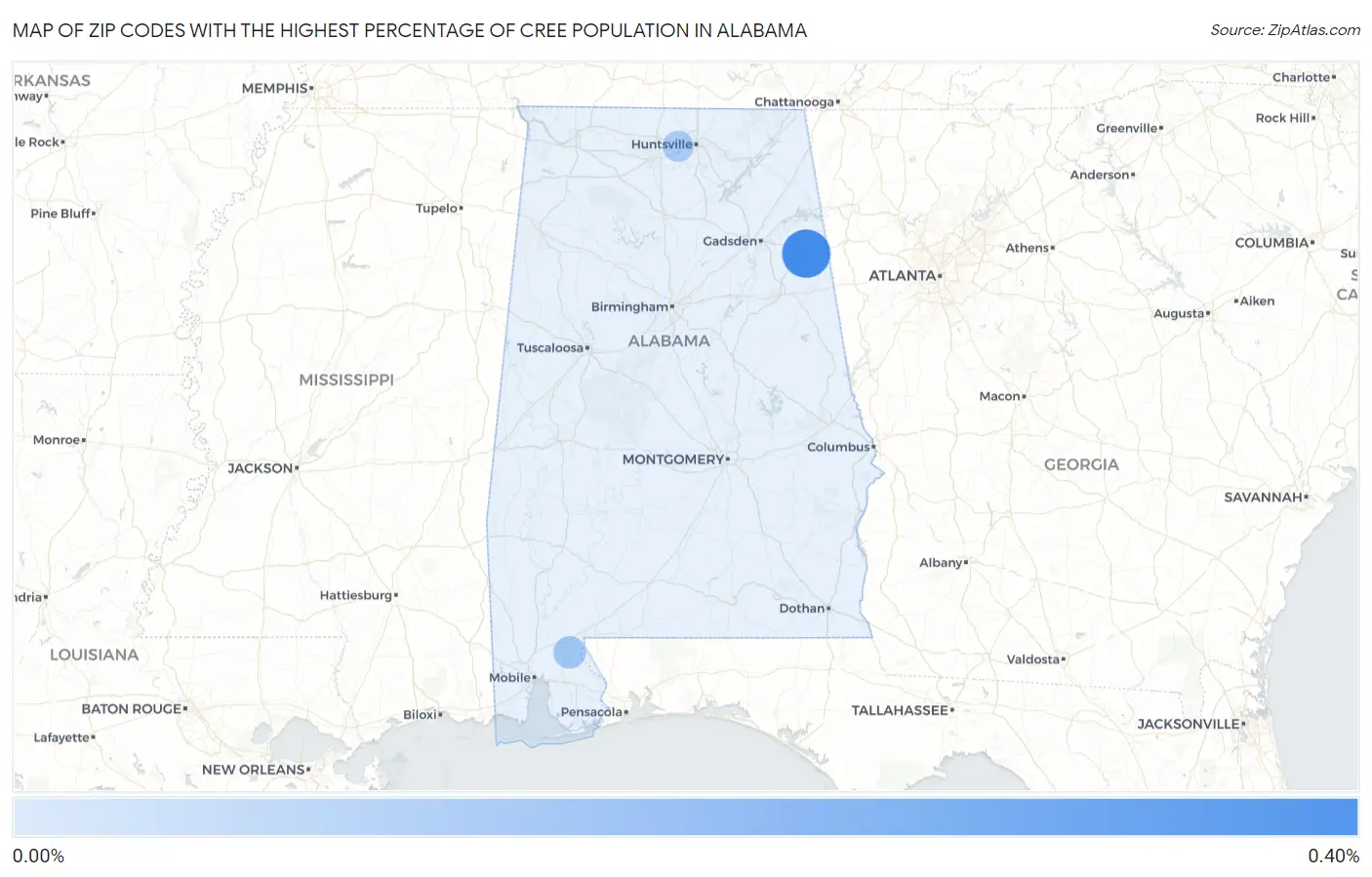 Zip Codes with the Highest Percentage of Cree Population in Alabama Map