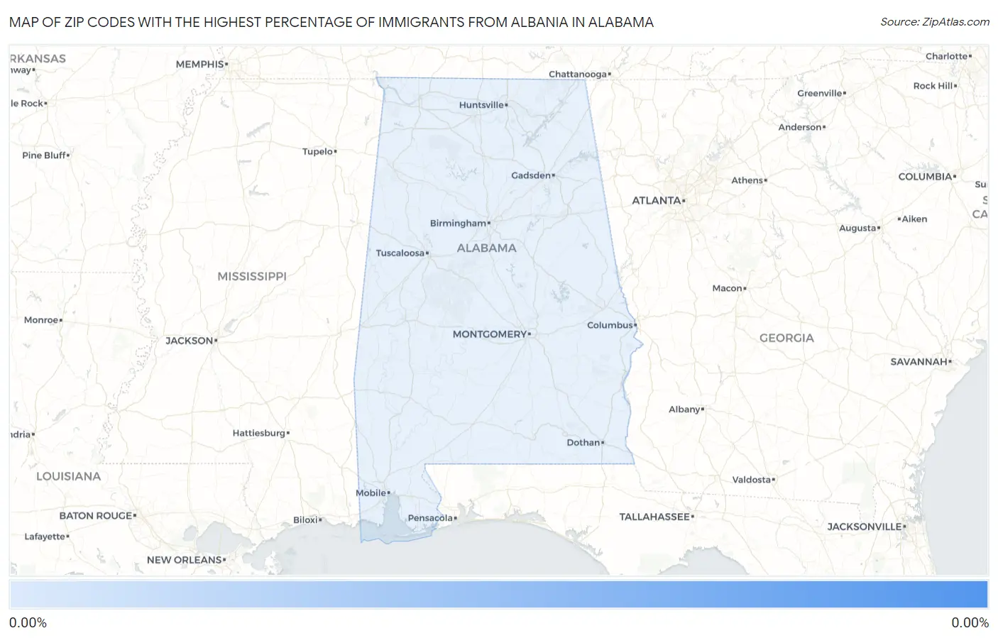 Zip Codes with the Highest Percentage of Immigrants from Albania in Alabama Map