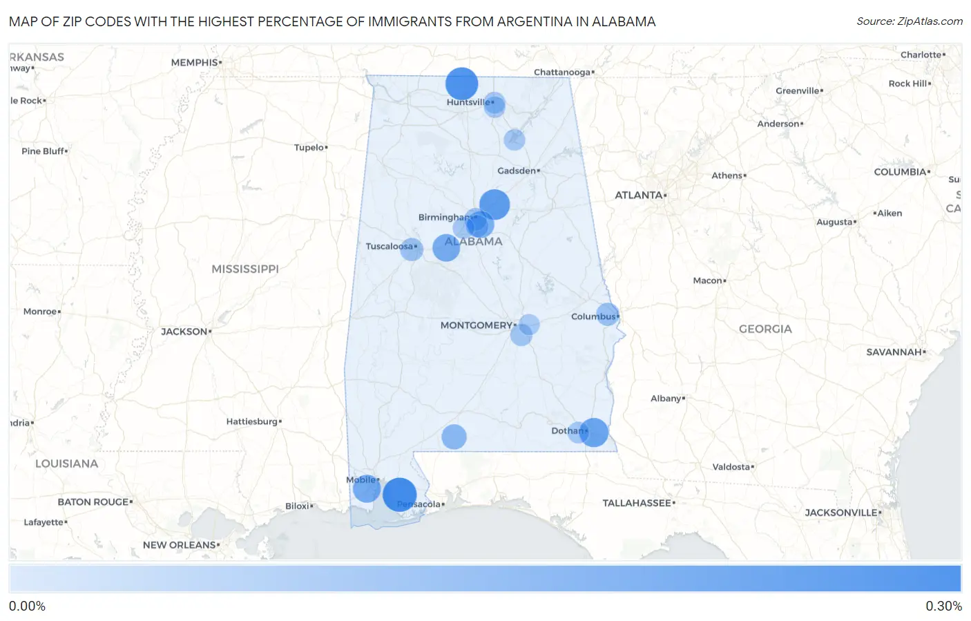 Zip Codes with the Highest Percentage of Immigrants from Argentina in Alabama Map