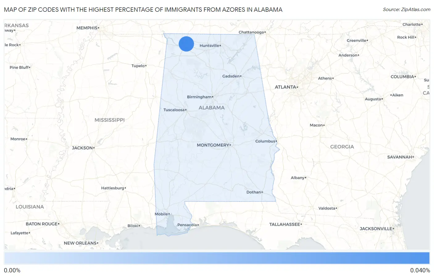 Zip Codes with the Highest Percentage of Immigrants from Azores in Alabama Map