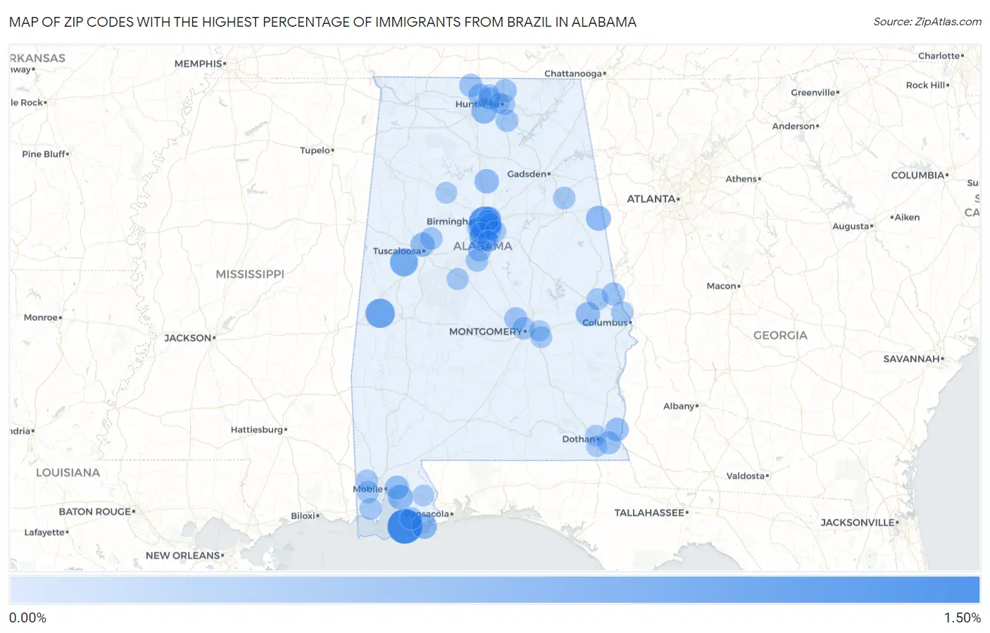 Zip Codes with the Highest Percentage of Immigrants from Brazil in Alabama Map