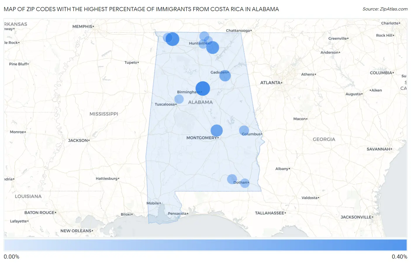 Zip Codes with the Highest Percentage of Immigrants from Costa Rica in Alabama Map