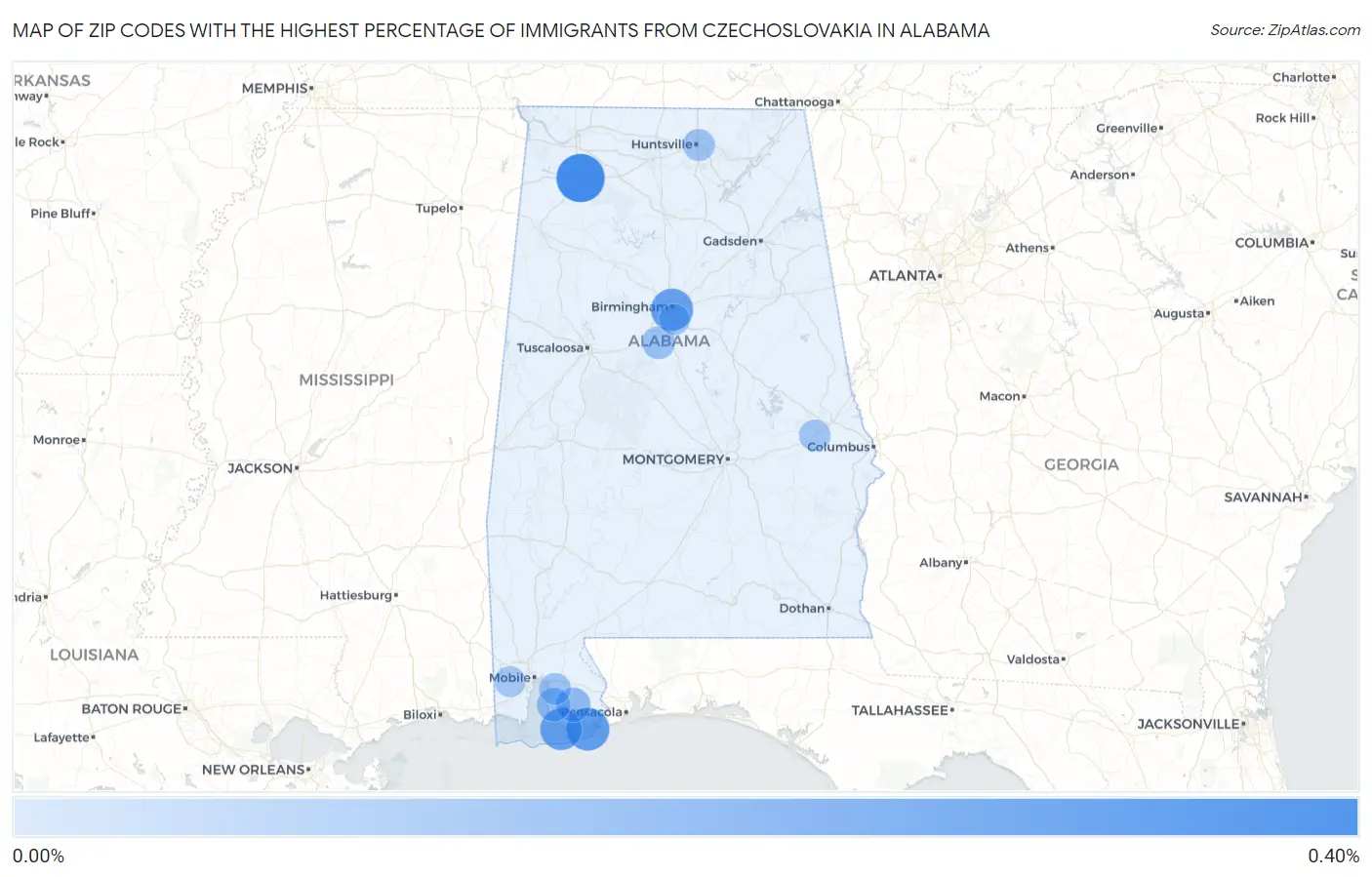 Zip Codes with the Highest Percentage of Immigrants from Czechoslovakia in Alabama Map