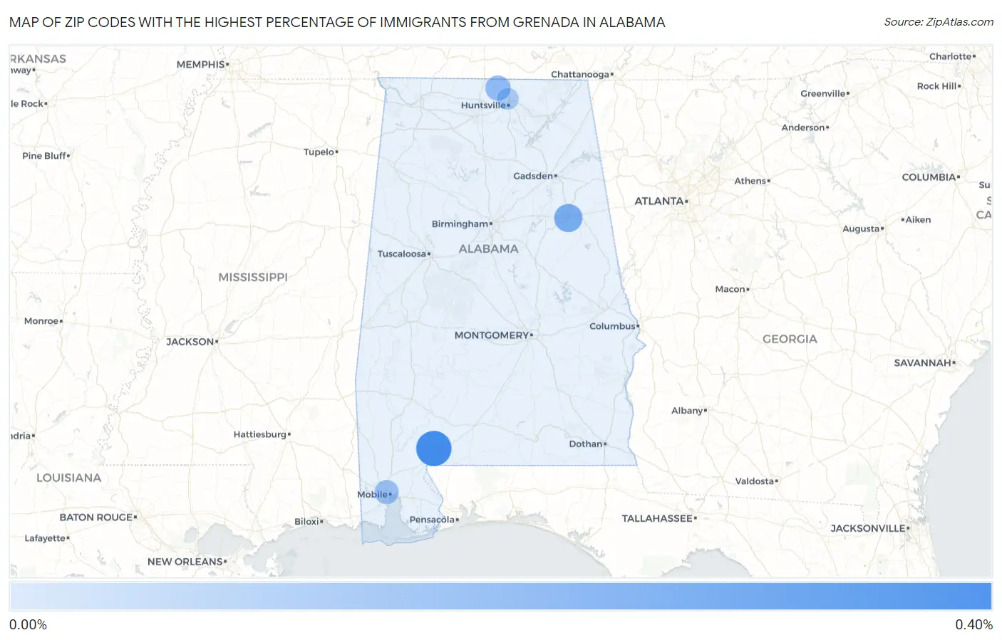 Zip Codes with the Highest Percentage of Immigrants from Grenada in Alabama Map