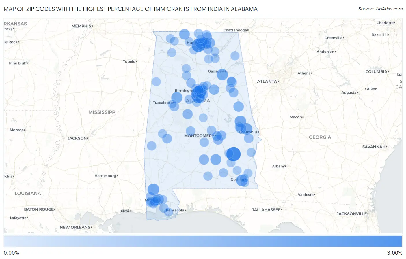 Zip Codes with the Highest Percentage of Immigrants from India in Alabama Map