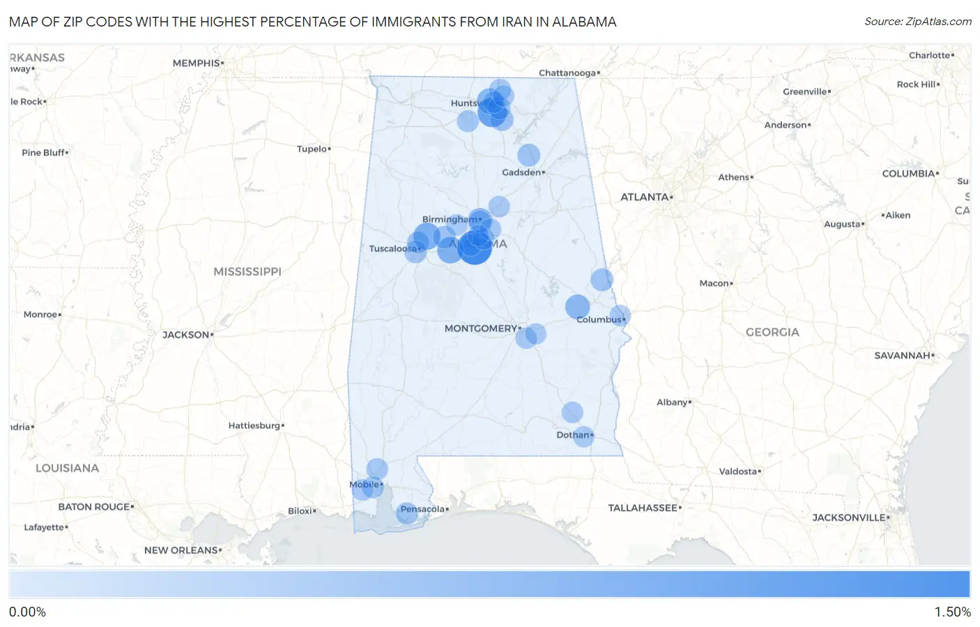 Zip Codes with the Highest Percentage of Immigrants from Iran in Alabama Map