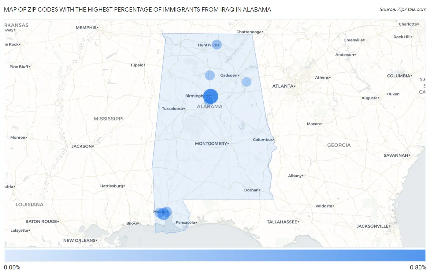 Zip Codes with the Highest Percentage of Immigrants from Iraq in Alabama Map