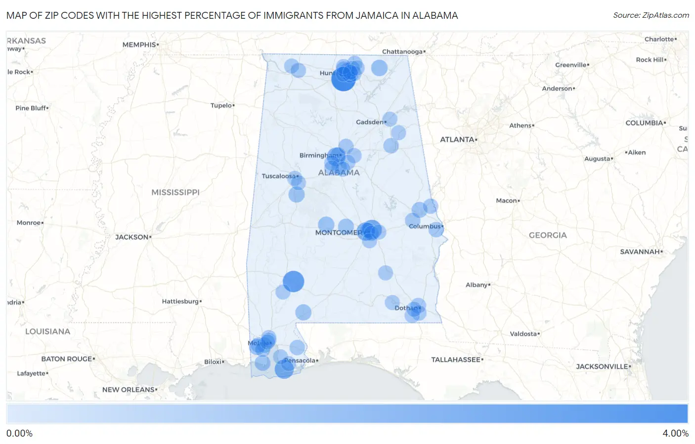 Zip Codes with the Highest Percentage of Immigrants from Jamaica in Alabama Map