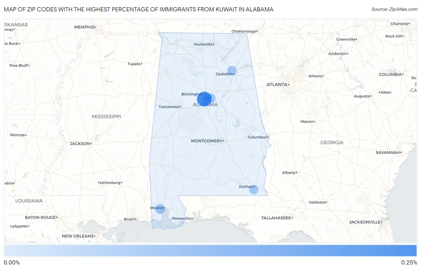 Zip Codes with the Highest Percentage of Immigrants from Kuwait in Alabama Map