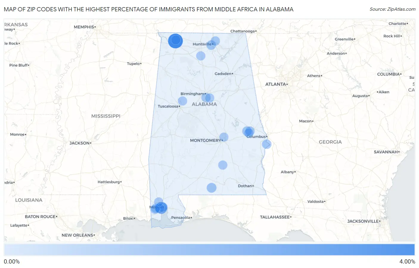 Zip Codes with the Highest Percentage of Immigrants from Middle Africa in Alabama Map