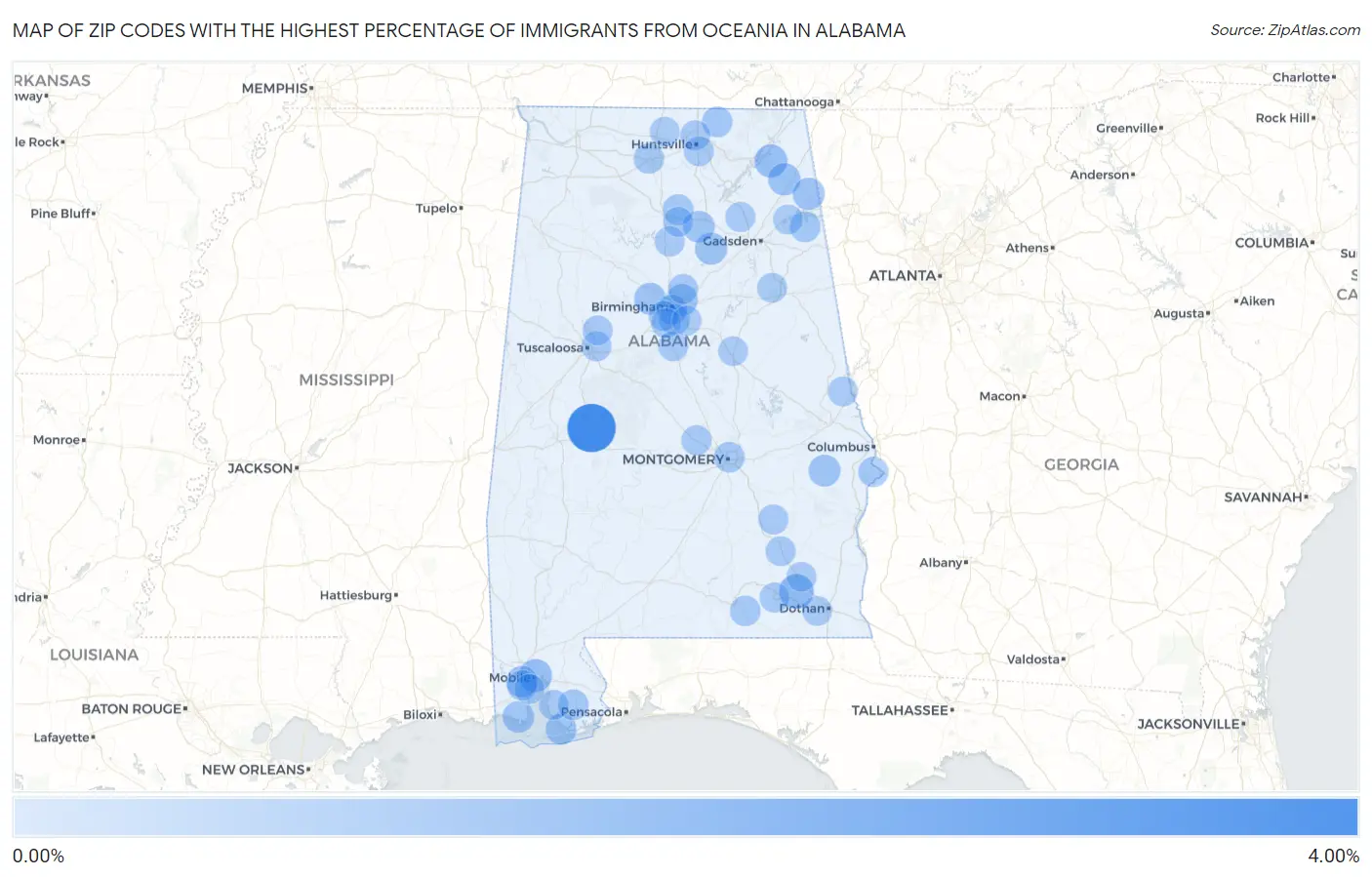 Zip Codes with the Highest Percentage of Immigrants from Oceania in Alabama Map