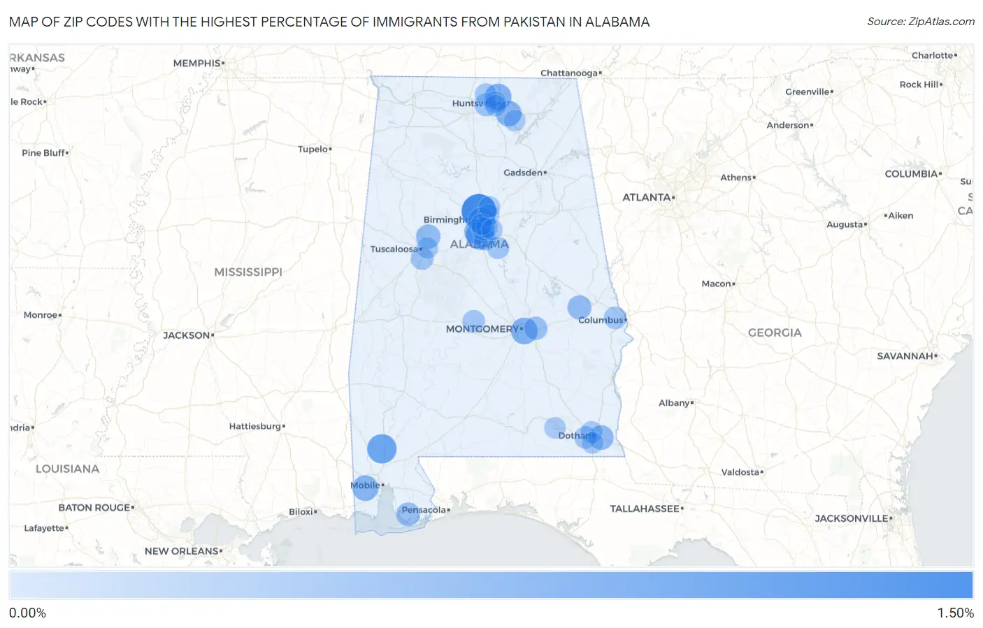 Zip Codes with the Highest Percentage of Immigrants from Pakistan in Alabama Map