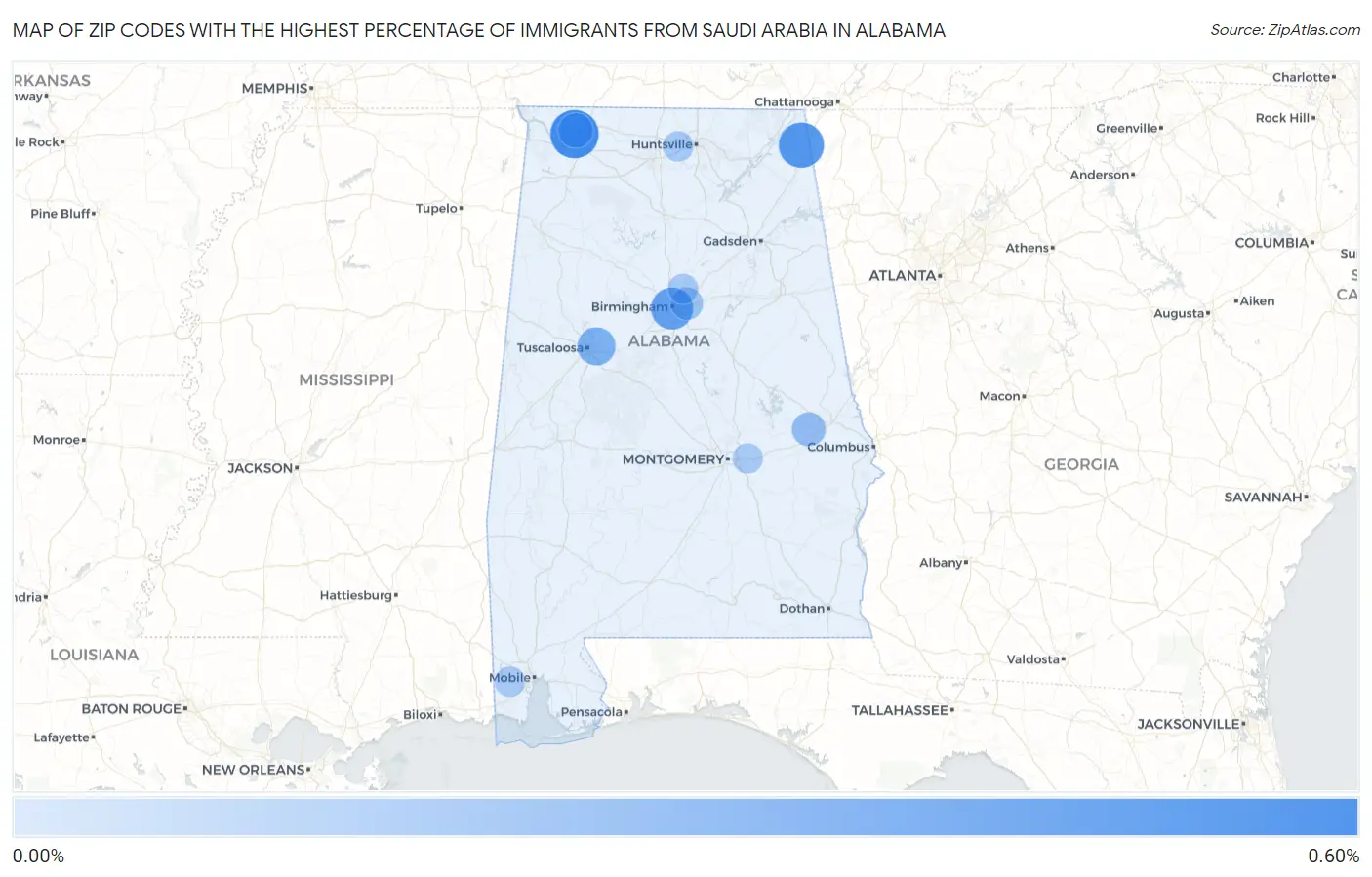 Zip Codes with the Highest Percentage of Immigrants from Saudi Arabia in Alabama Map