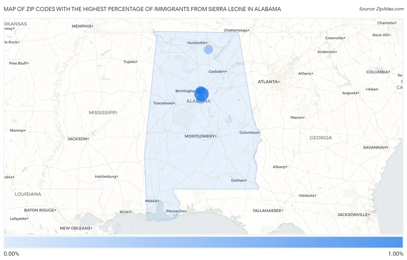 Zip Codes with the Highest Percentage of Immigrants from Sierra Leone in Alabama Map