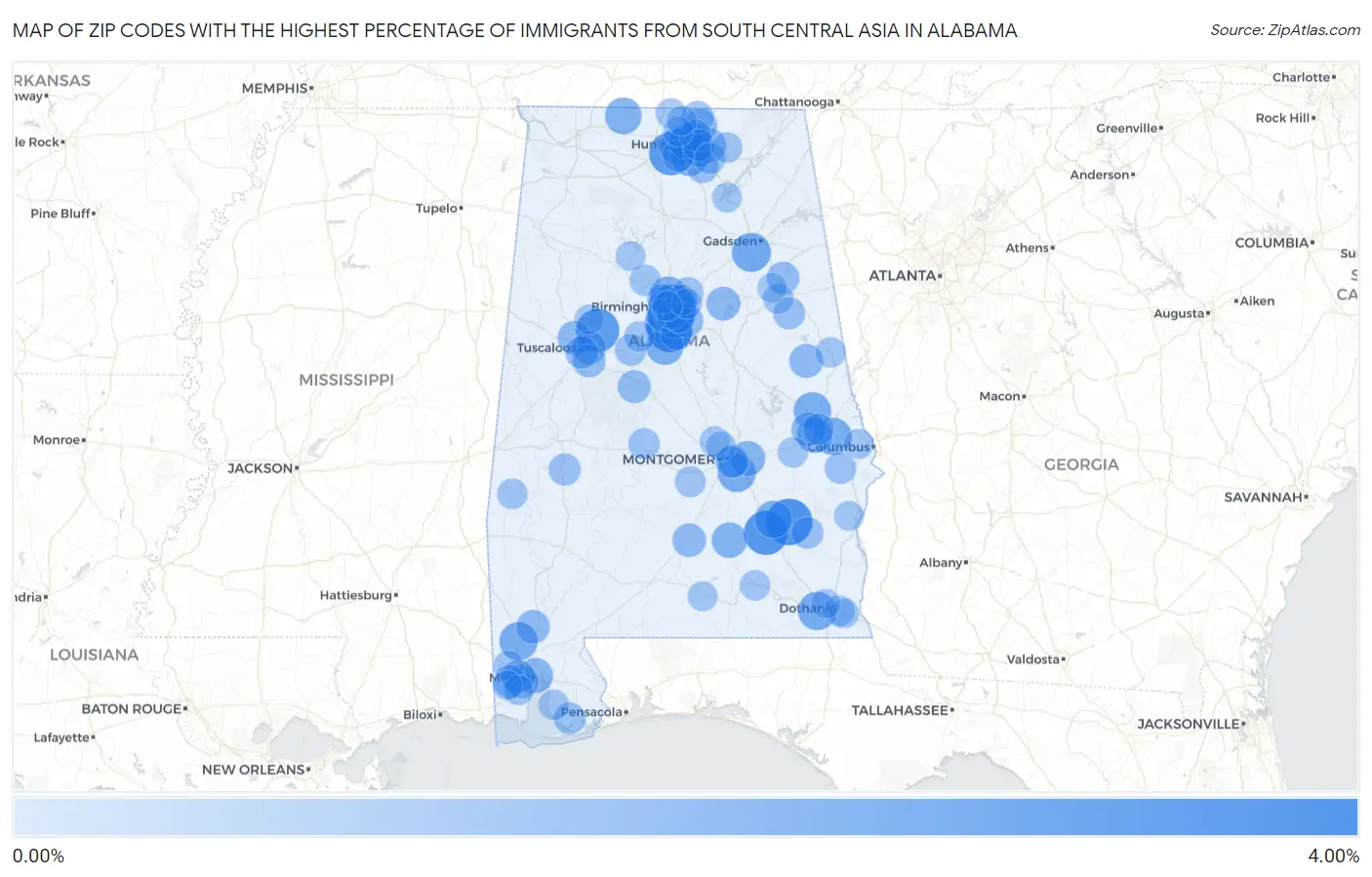 Zip Codes with the Highest Percentage of Immigrants from South Central Asia in Alabama Map