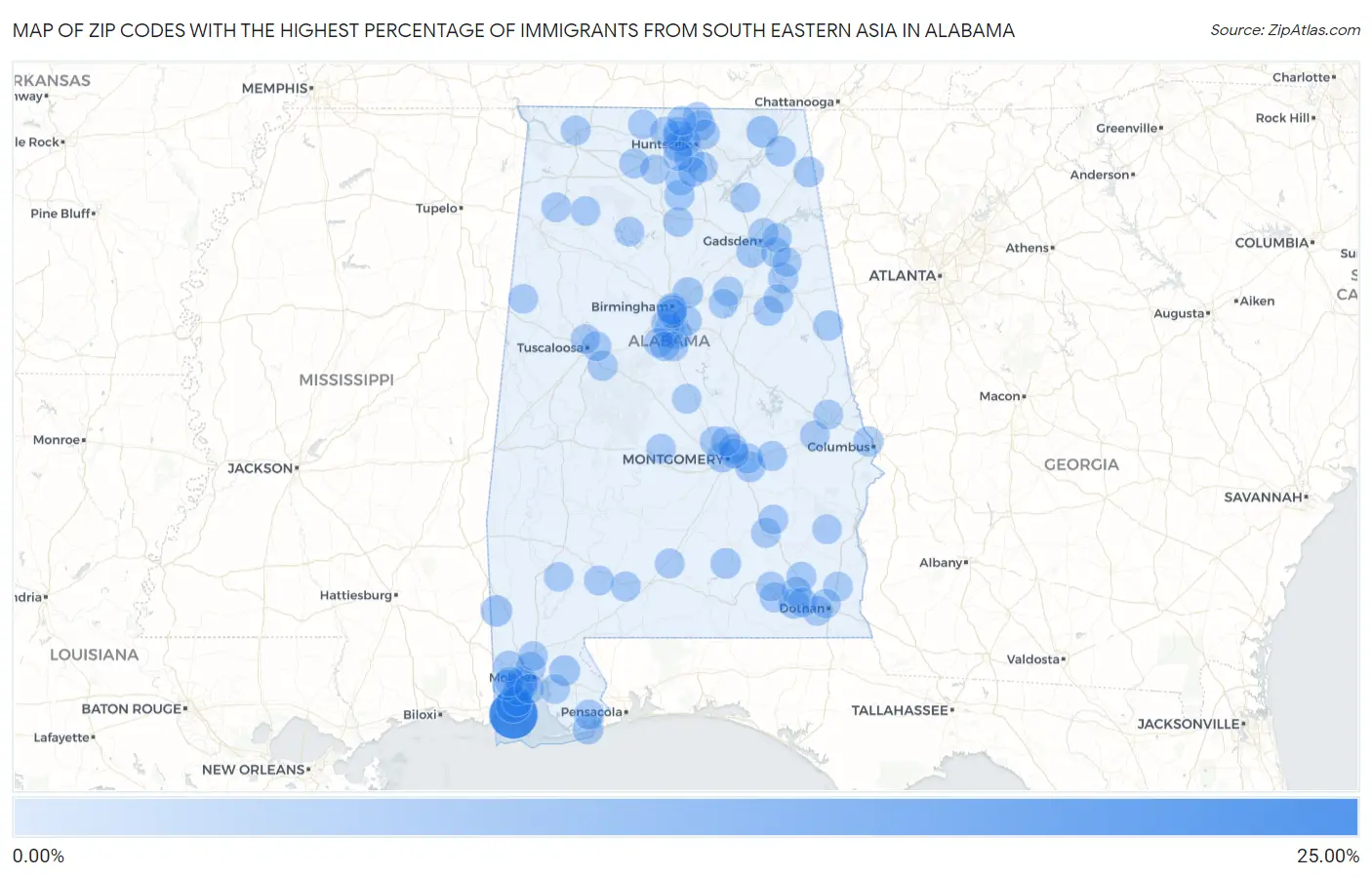 Zip Codes with the Highest Percentage of Immigrants from South Eastern Asia in Alabama Map