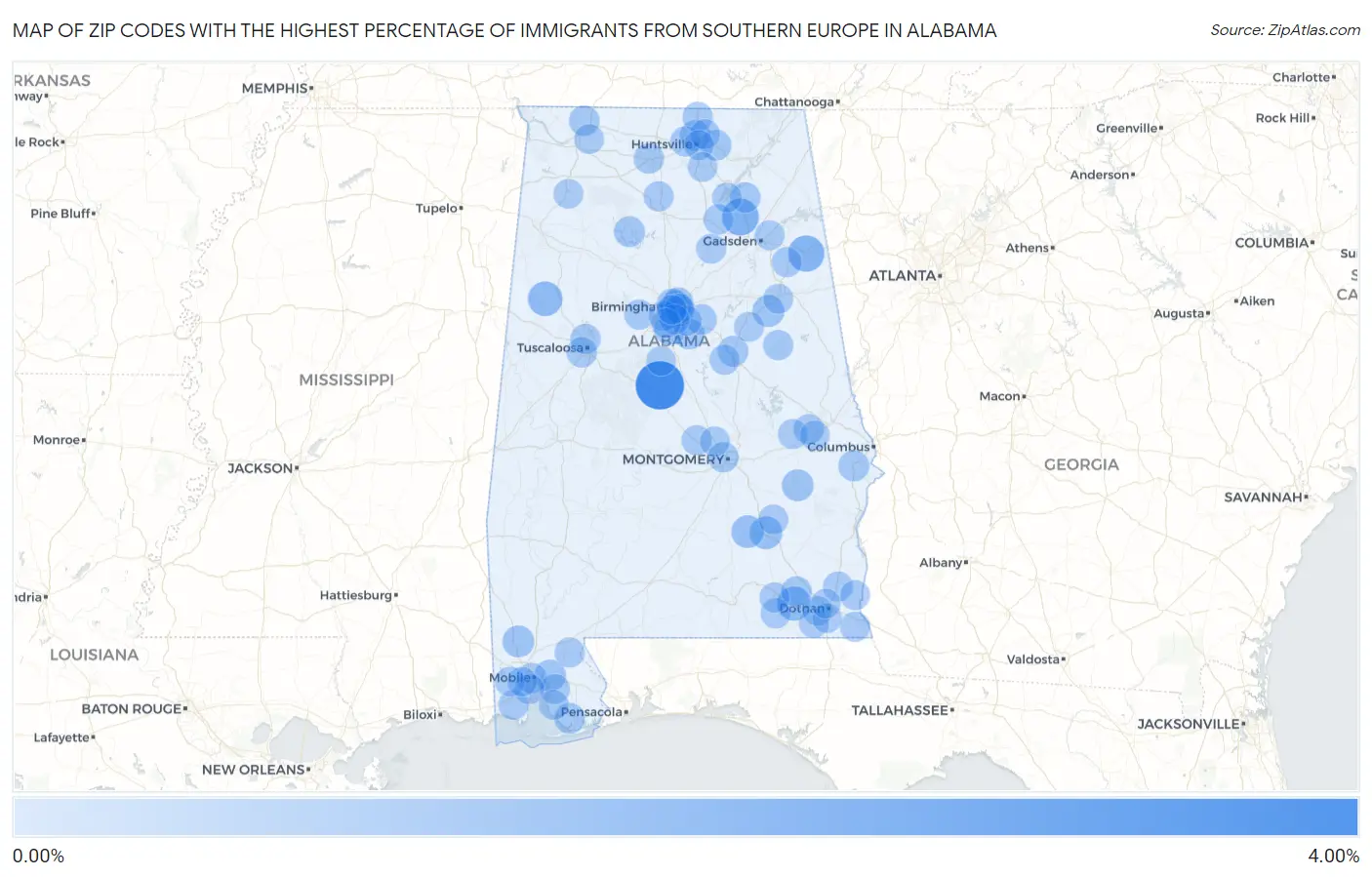 Zip Codes with the Highest Percentage of Immigrants from Southern Europe in Alabama Map