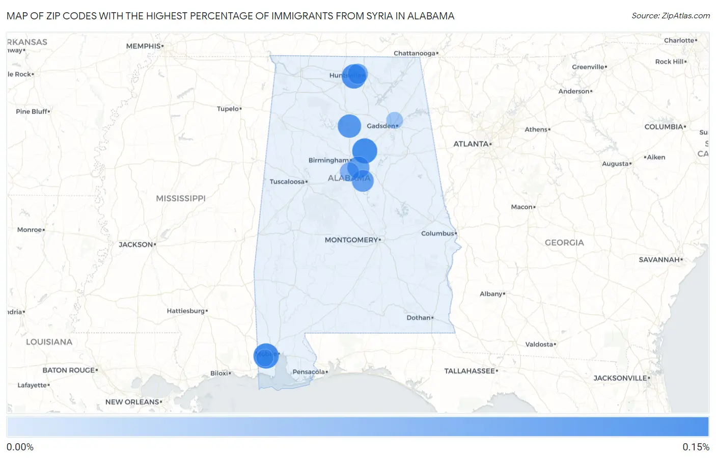 Zip Codes with the Highest Percentage of Immigrants from Syria in Alabama Map