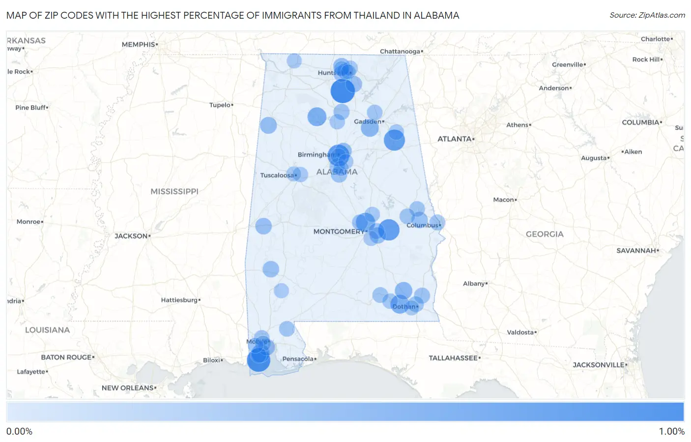 Zip Codes with the Highest Percentage of Immigrants from Thailand in Alabama Map