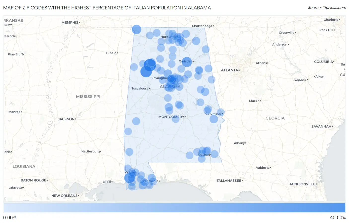 Zip Codes with the Highest Percentage of Italian Population in Alabama Map