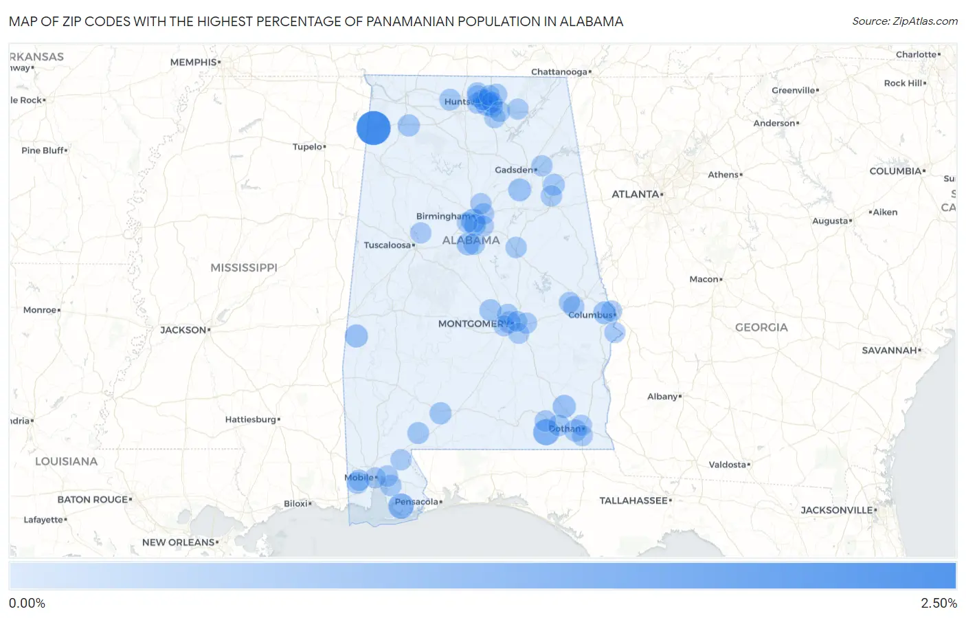 Zip Codes with the Highest Percentage of Panamanian Population in Alabama Map