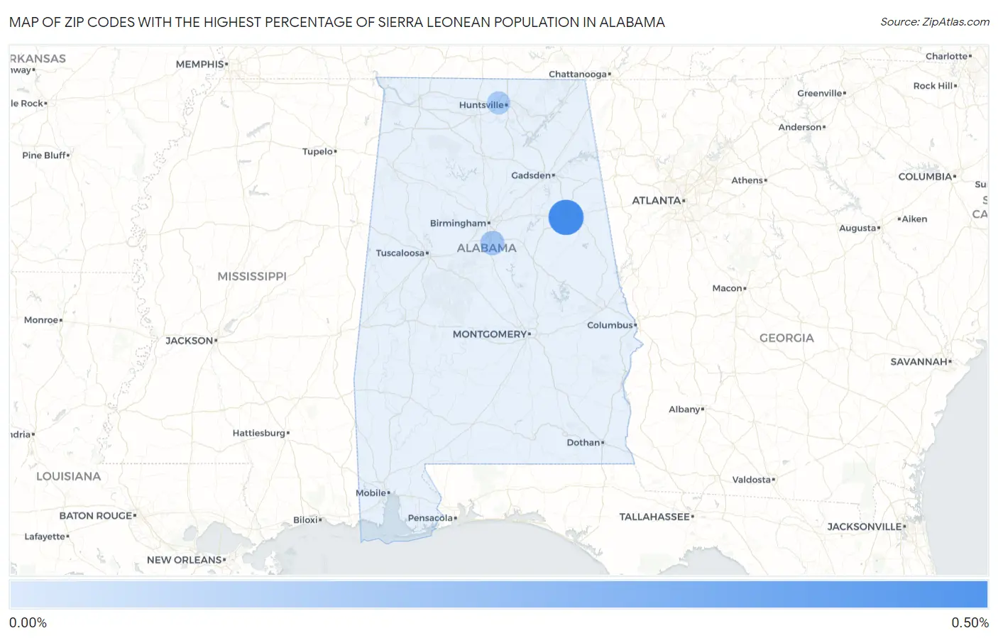 Zip Codes with the Highest Percentage of Sierra Leonean Population in Alabama Map