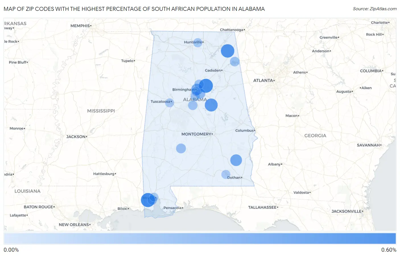 Zip Codes with the Highest Percentage of South African Population in Alabama Map