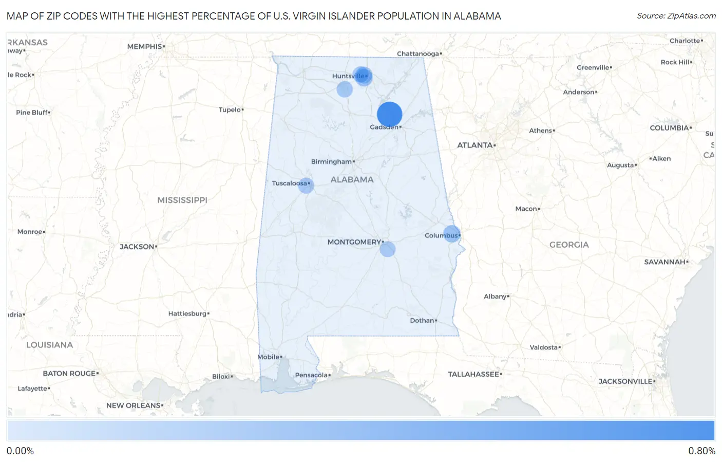 Zip Codes with the Highest Percentage of U.S. Virgin Islander Population in Alabama Map