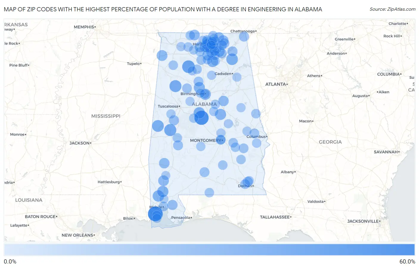 Zip Codes with the Highest Percentage of Population with a Degree in Engineering in Alabama Map