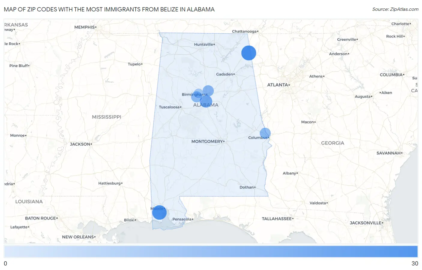 Zip Codes with the Most Immigrants from Belize in Alabama Map