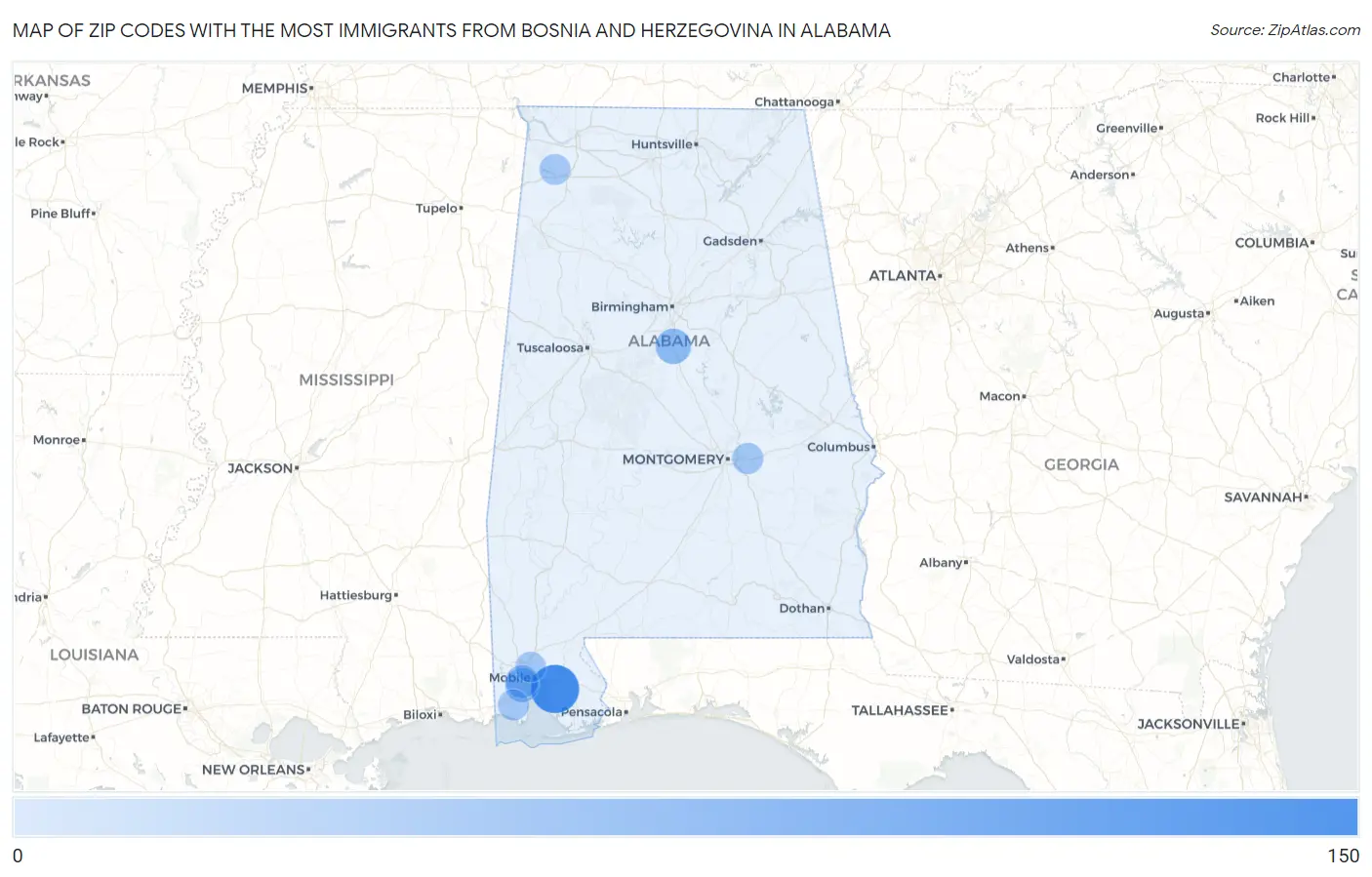 Zip Codes with the Most Immigrants from Bosnia and Herzegovina in Alabama Map