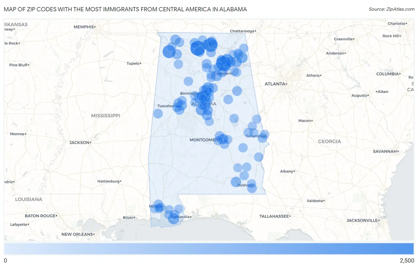 Zip Codes with the Most Immigrants from Central America in Alabama Map