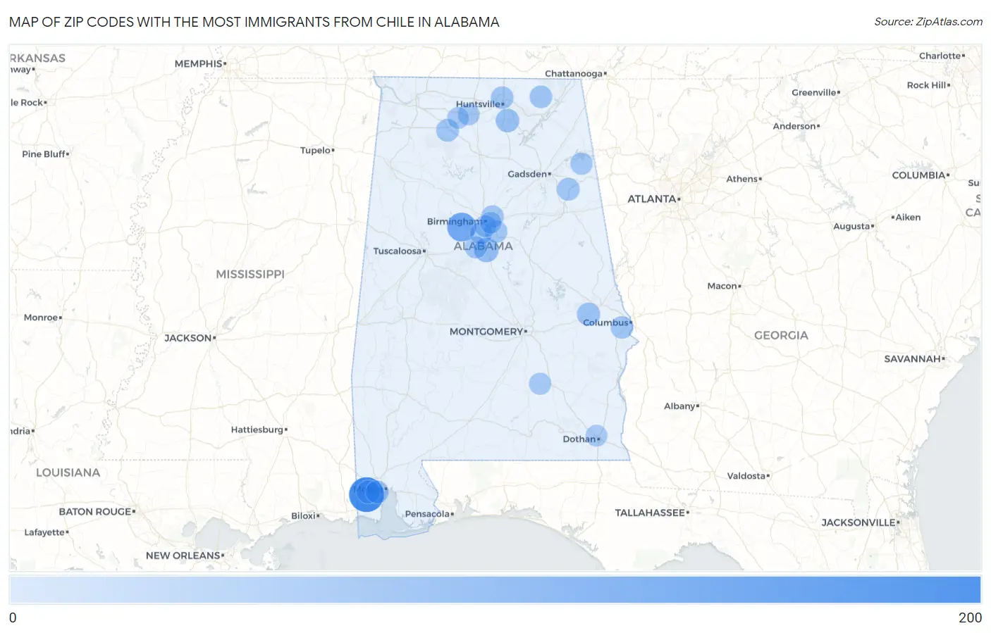 Zip Codes with the Most Immigrants from Chile in Alabama Map