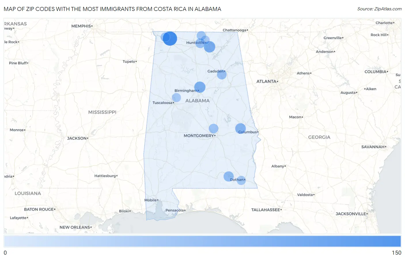 Zip Codes with the Most Immigrants from Costa Rica in Alabama Map