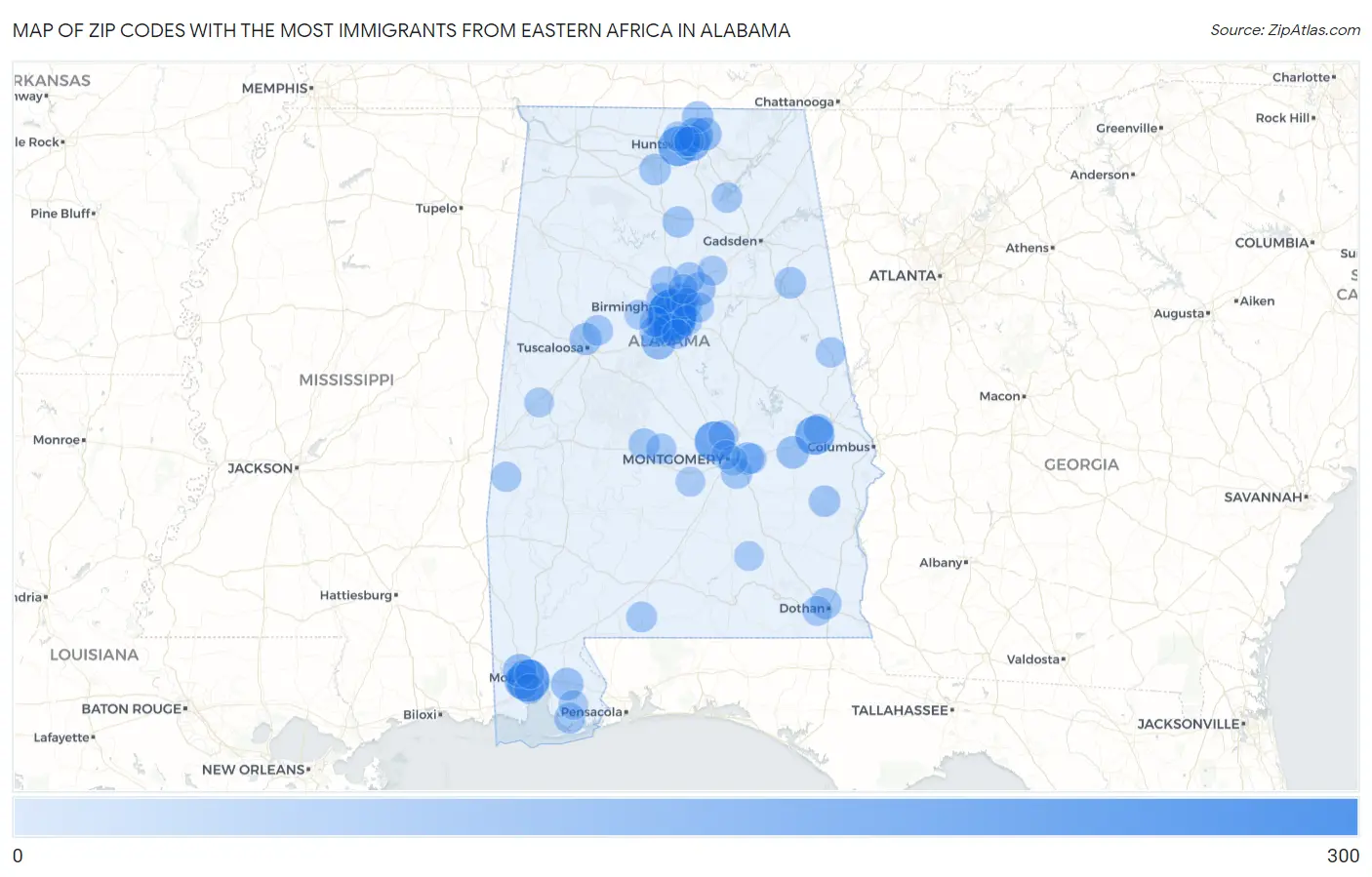 Zip Codes with the Most Immigrants from Eastern Africa in Alabama Map