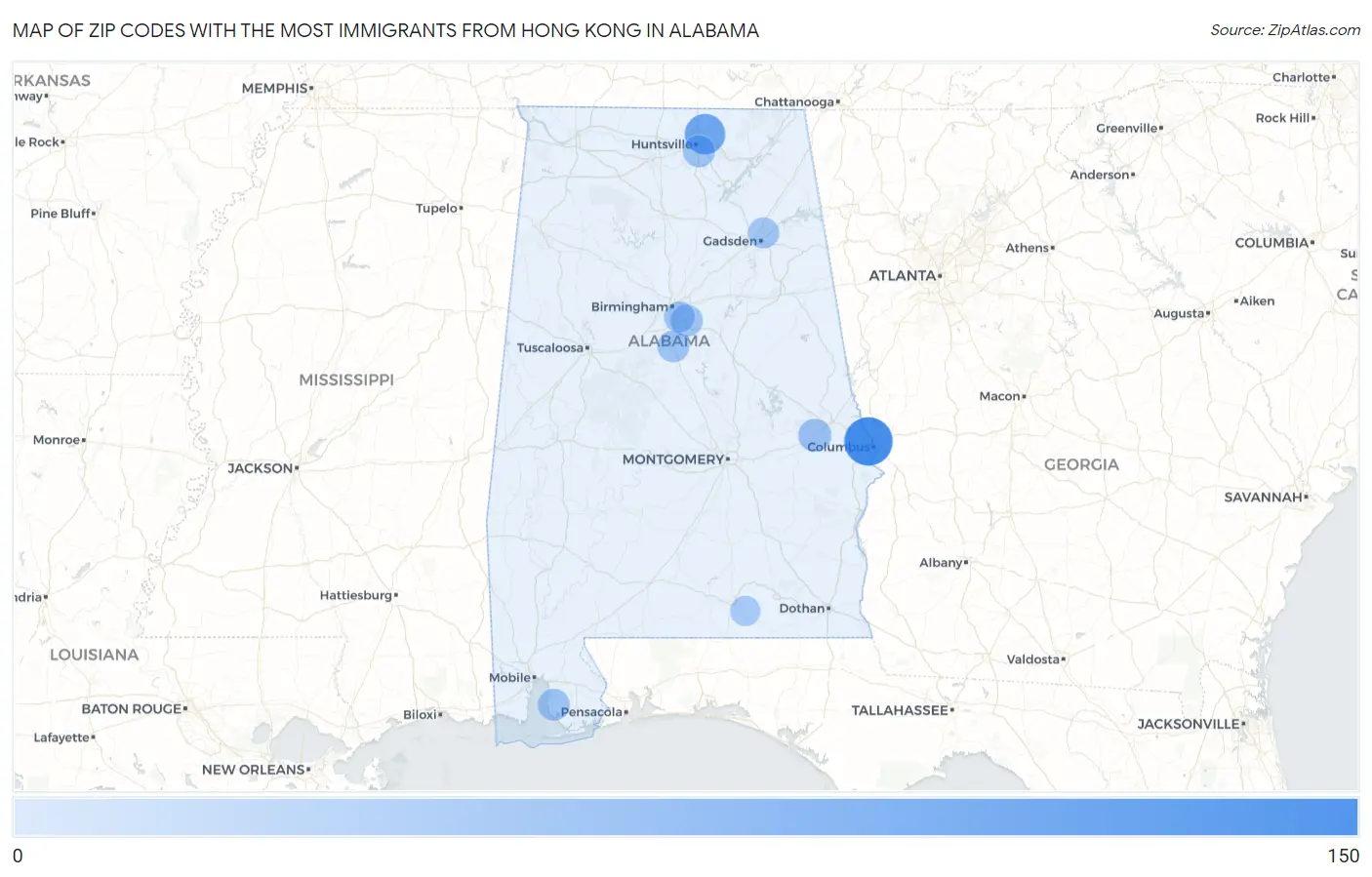 Zip Codes with the Most Immigrants from Hong Kong in Alabama Map