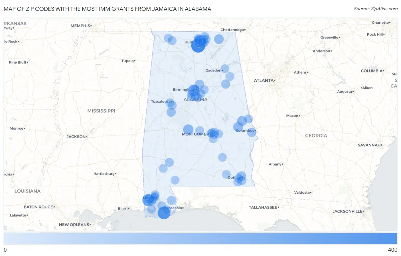 Zip Codes with the Most Immigrants from Jamaica in Alabama Map