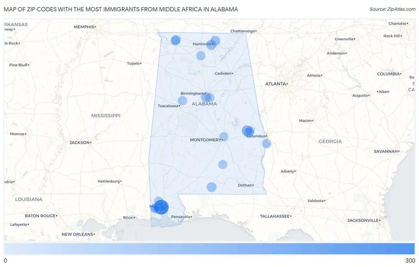 Zip Codes with the Most Immigrants from Middle Africa in Alabama Map