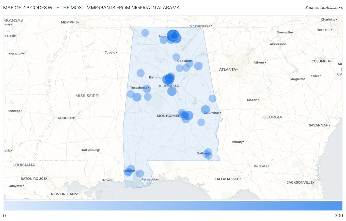 Zip Codes with the Most Immigrants from Nigeria in Alabama Map