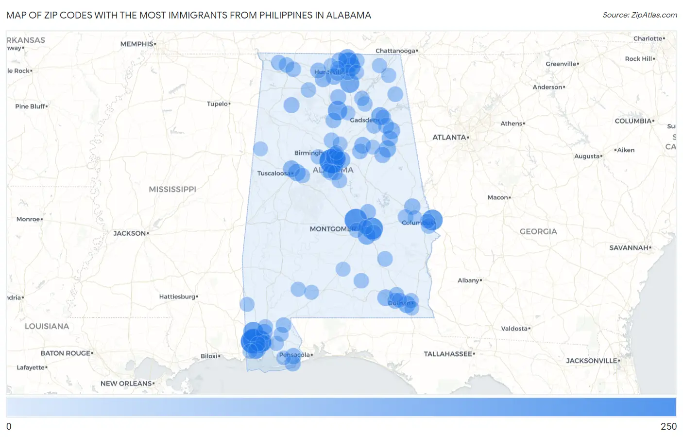 Zip Codes with the Most Immigrants from Philippines in Alabama Map