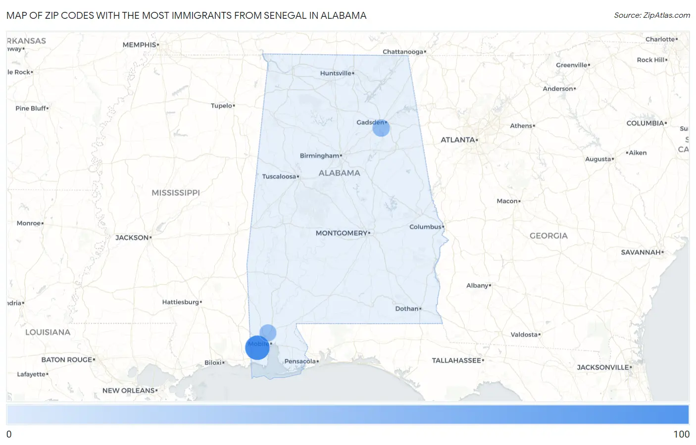 Zip Codes with the Most Immigrants from Senegal in Alabama Map