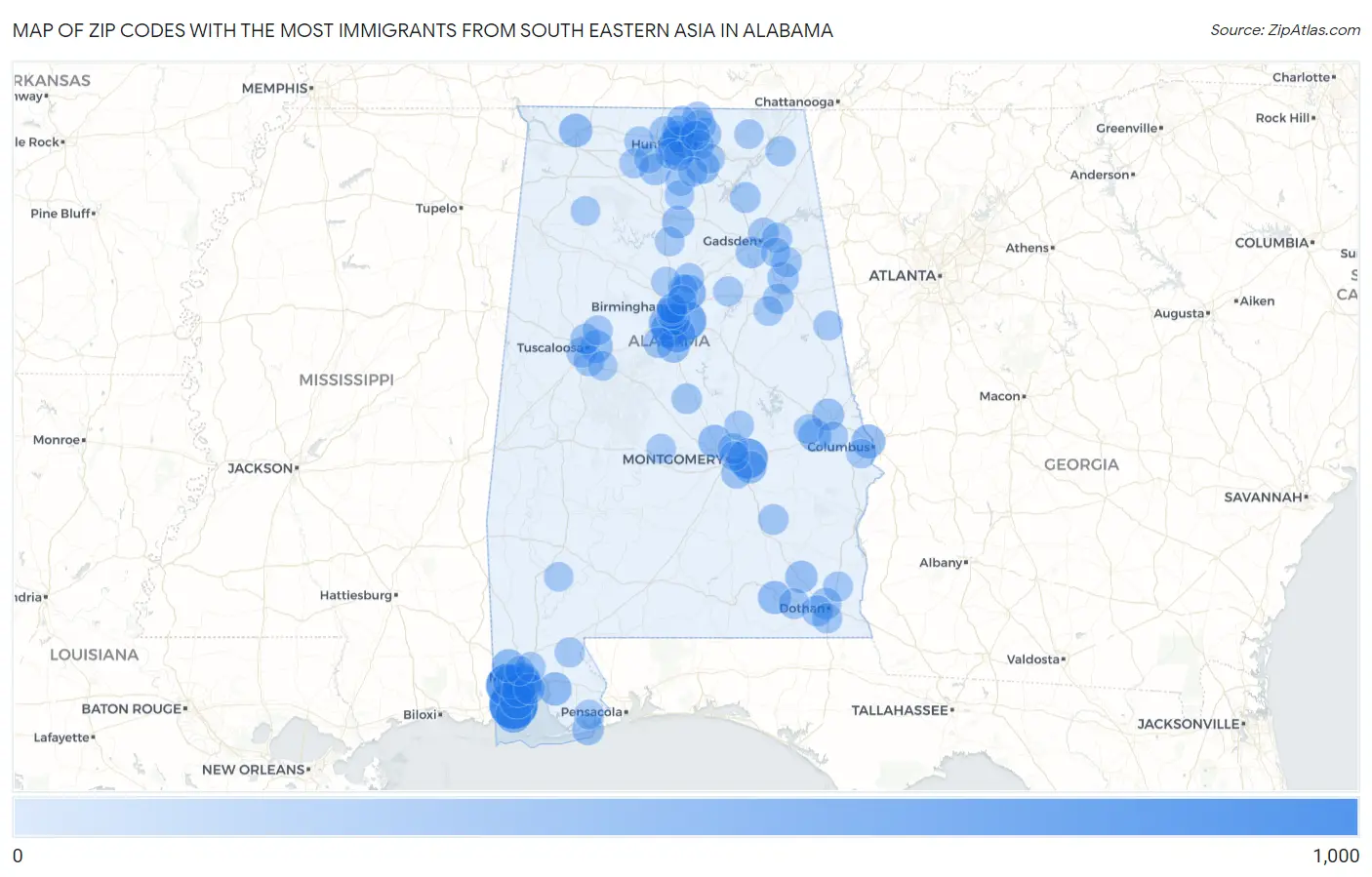 Zip Codes with the Most Immigrants from South Eastern Asia in Alabama Map