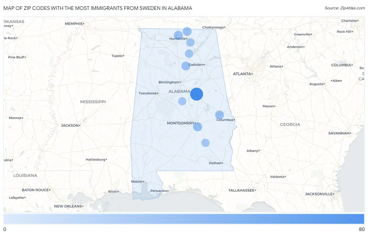 Zip Codes with the Most Immigrants from Sweden in Alabama Map
