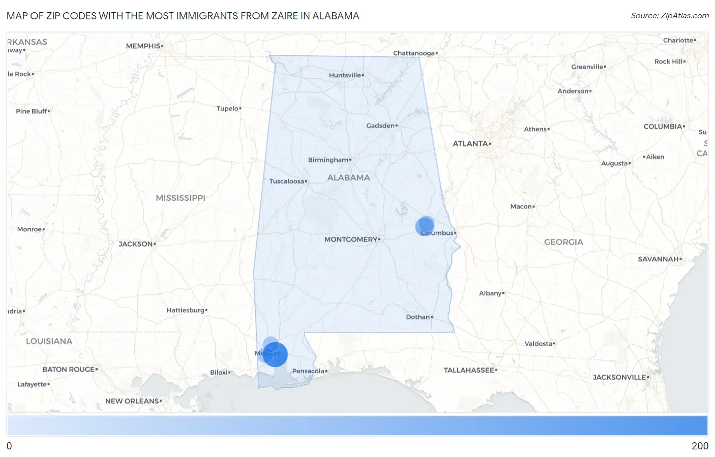 Zip Codes with the Most Immigrants from Zaire in Alabama Map