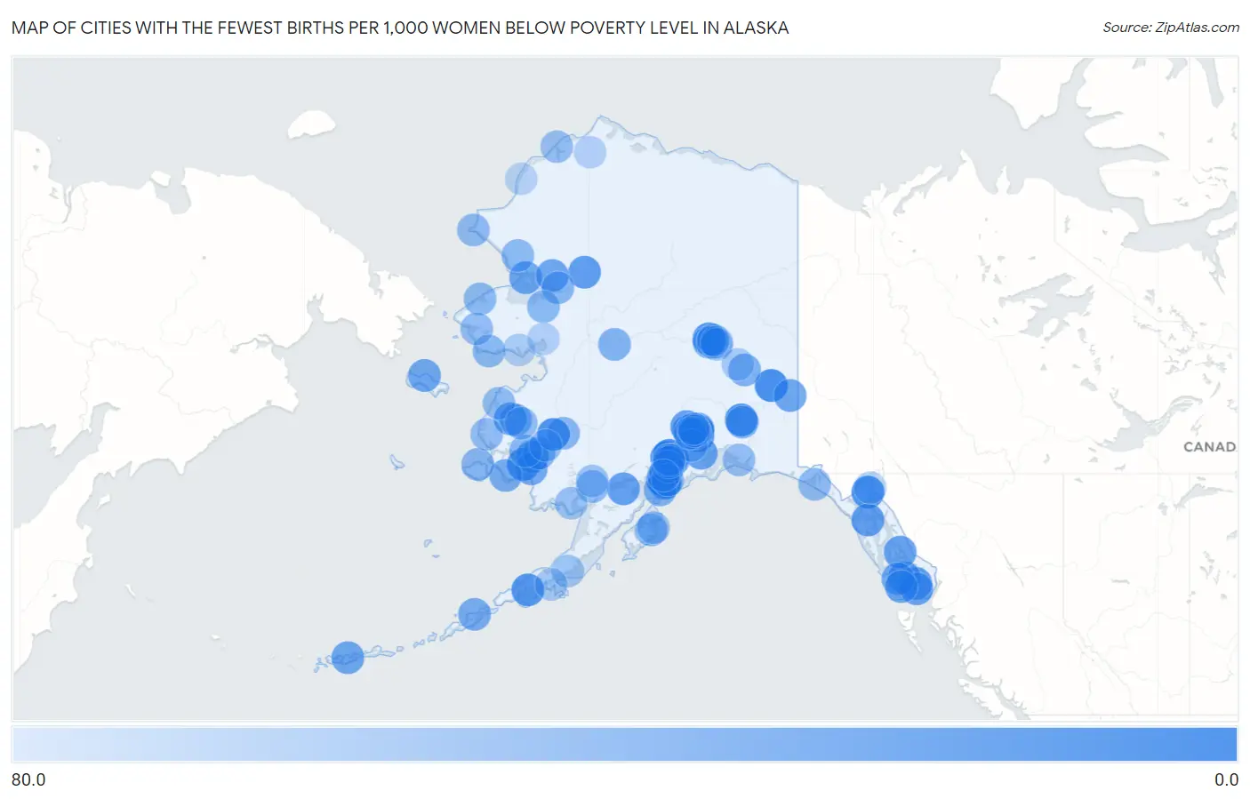 Cities with the Fewest Births per 1,000 Women Below Poverty Level in Alaska Map