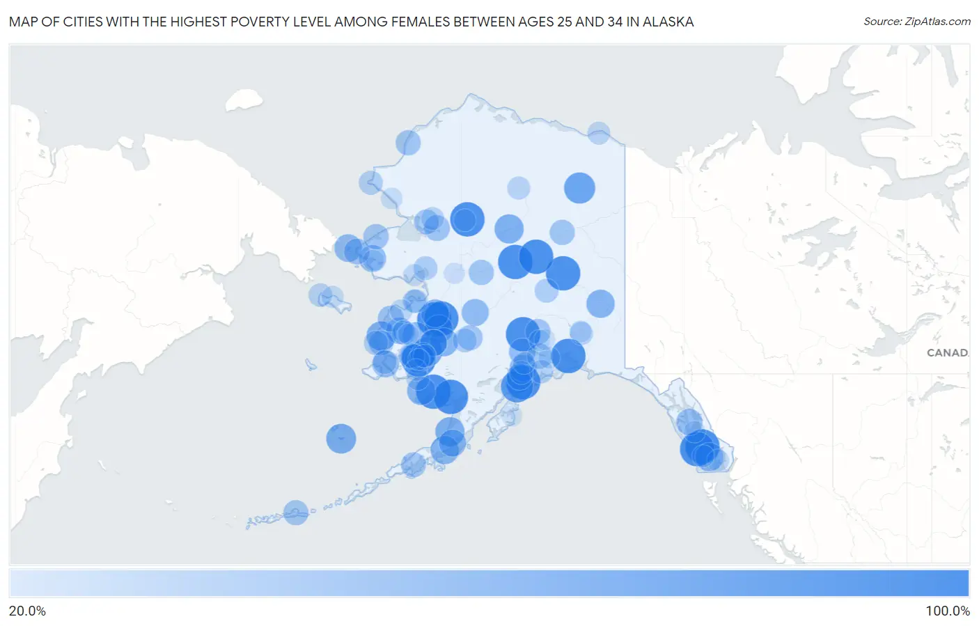 Cities with the Highest Poverty Level Among Females Between Ages 25 and 34 in Alaska Map